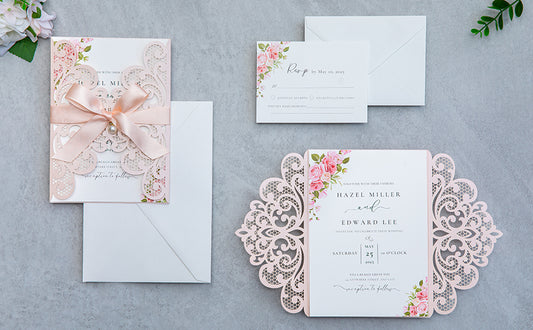 NingsPaper Blush Pink Laser Cut Invitation Cards with Ribbons and Rhinestone Pearls