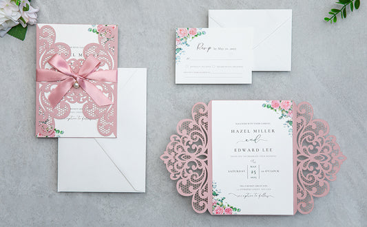 NingsPaper Dusty Rose Laser Cut Invitation Cards with Ribbons and Rhinestone Pearls