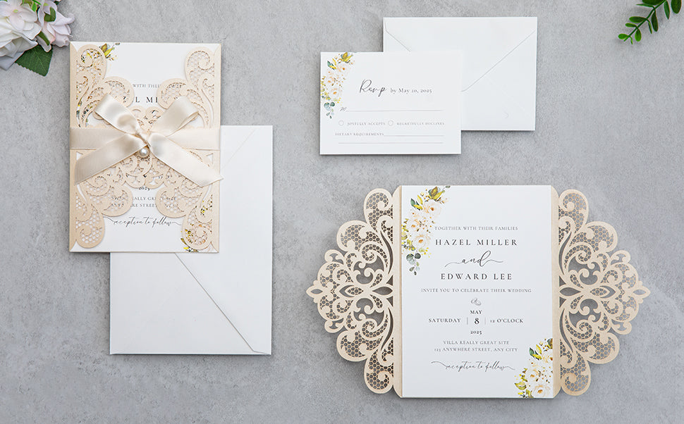 NingsPaper Champagne Laser Cut Invitation Cards with Ribbons and Rhinestone Pearls