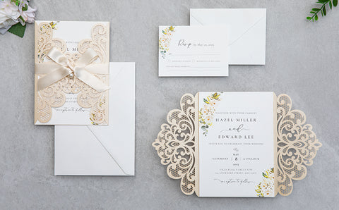 NingsPaper Champagne Laser Cut Invitation Cards with Ribbons and Rhinestone Pearls