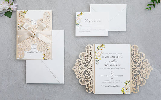 NingsPaper Champagne Laser Cut Invitation Cards with Ribbons and Rhinestone Pearls