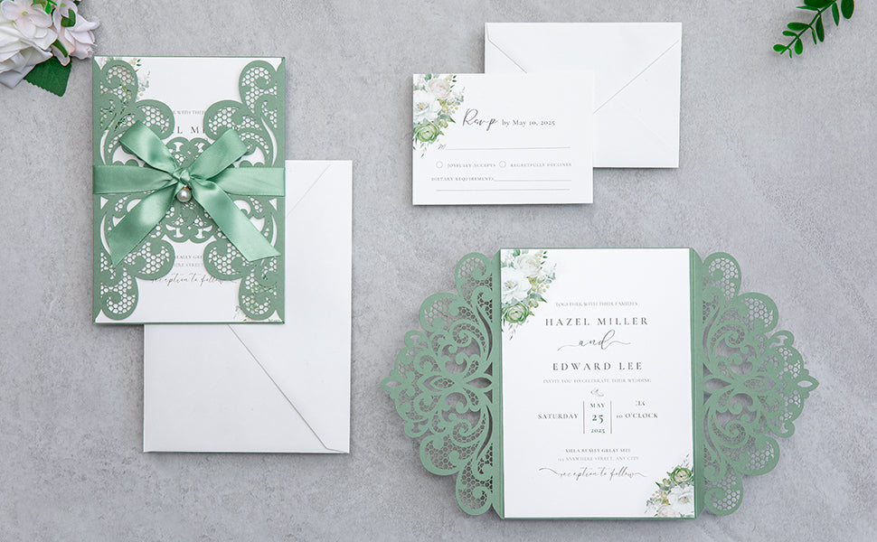 NingsPaper Sage Green Laser Cut Invitation Cards with Ribbons and Rhinestone Pearls
