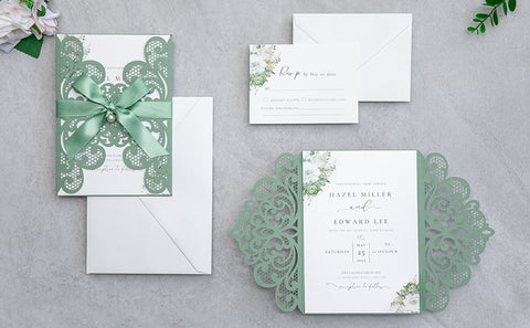 NingsPaper Sage Green Laser Cut Invitation Cards with Ribbons and Rhinestone Pearls