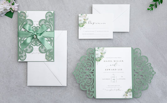 NingsPaper Sage Green Laser Cut Invitation Cards with Ribbons and Rhinestone Pearls