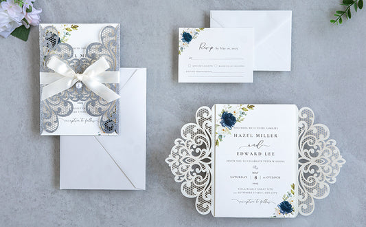 NingsPaper Silver Glitter Laser Cut Invitation Cards with Ribbons and Rhinestone Pearls