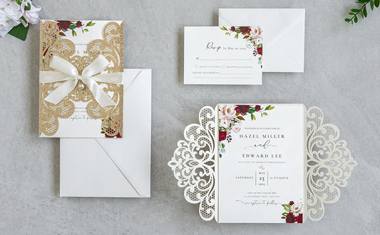 NingsPaper Rose Gold Laser Cut Invitation Cards with Ribbons and Rhinestone Pearls
