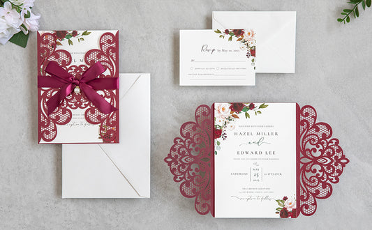 NingsPaper Burgundy Laser Cut Invitation Cards with Ribbons and Rhinestone Pearls