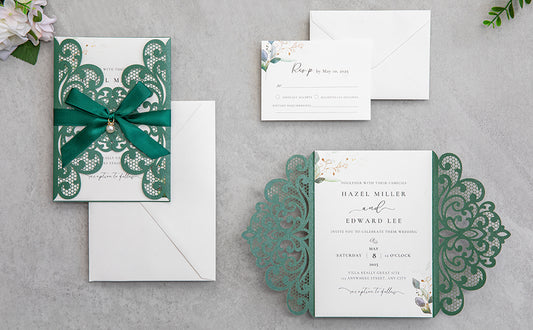 NingsPaper Emerald Green Laser Cut Invitation Cards with Ribbons and Rhinestone Pearls