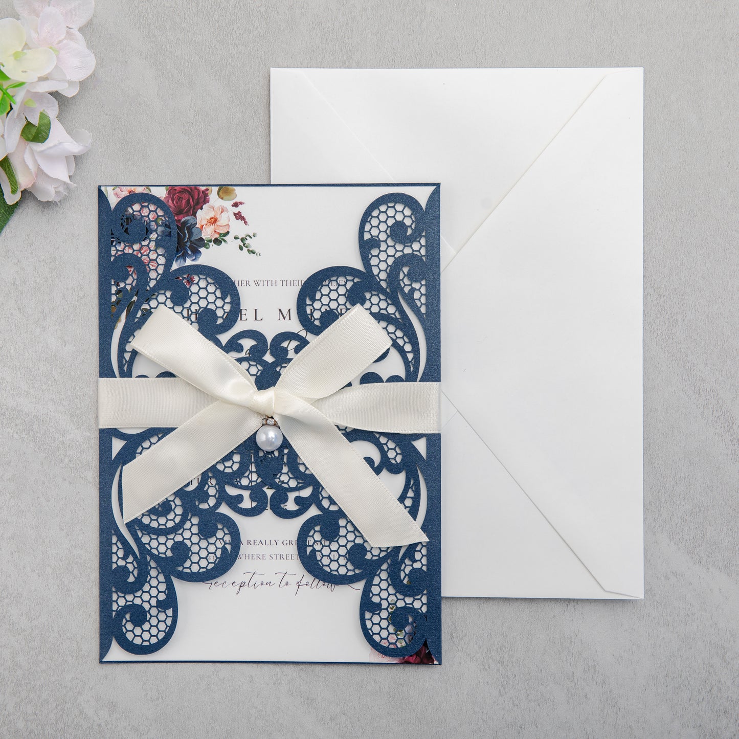 NingsPaper Navy Blue Laser Cut Invitation Cards with Ribbons and Rhinestone Pearls