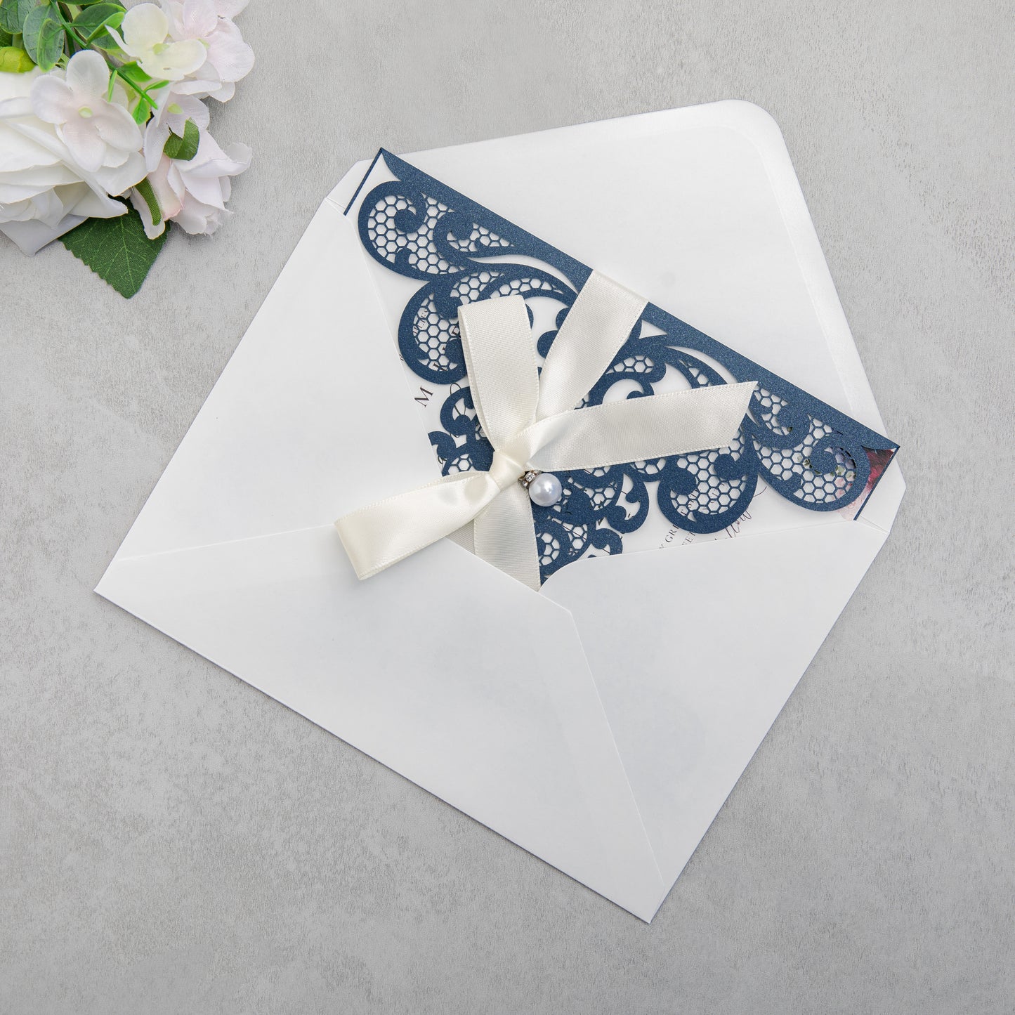 NingsPaper Navy Blue Laser Cut Invitation Cards with Ribbons and Rhinestone Pearls