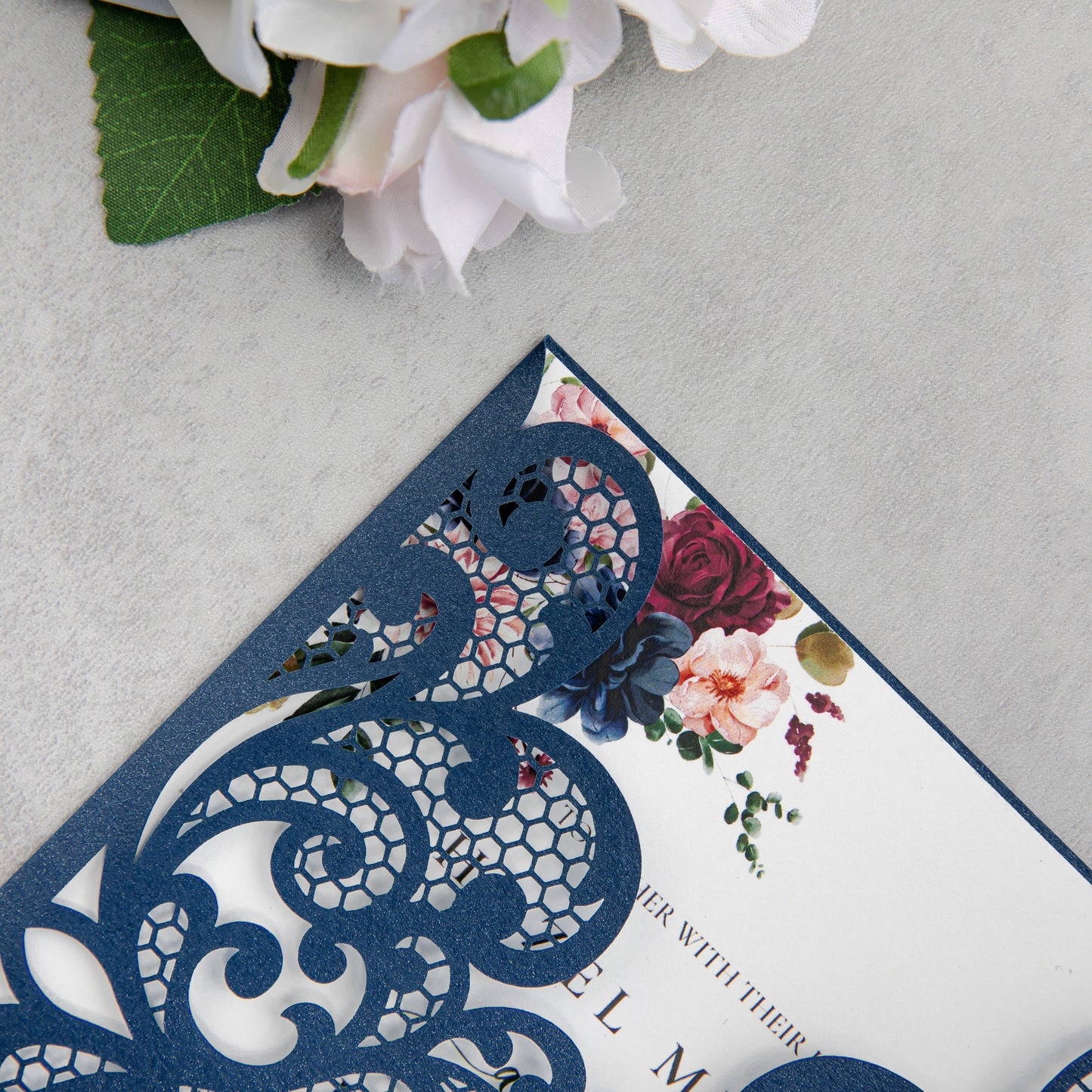 NingsPaper Navy Blue Laser Cut Invitation Cards with Ribbons and Rhinestone Pearls