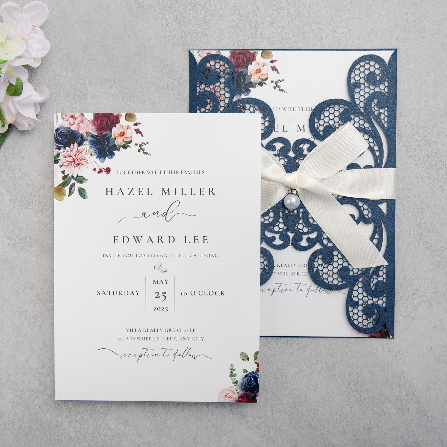 NingsPaper Navy Blue Laser Cut Invitation Cards with Ribbons and Rhinestone Pearls