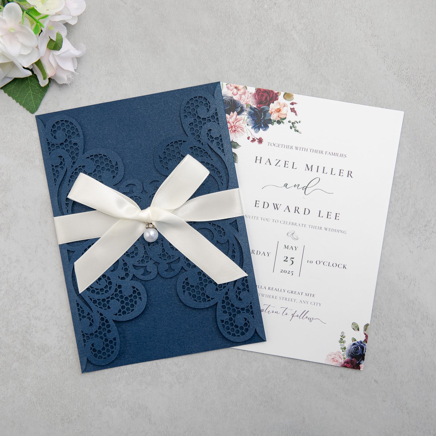 NingsPaper Navy Blue Laser Cut Invitation Cards with Ribbons and Rhinestone Pearls