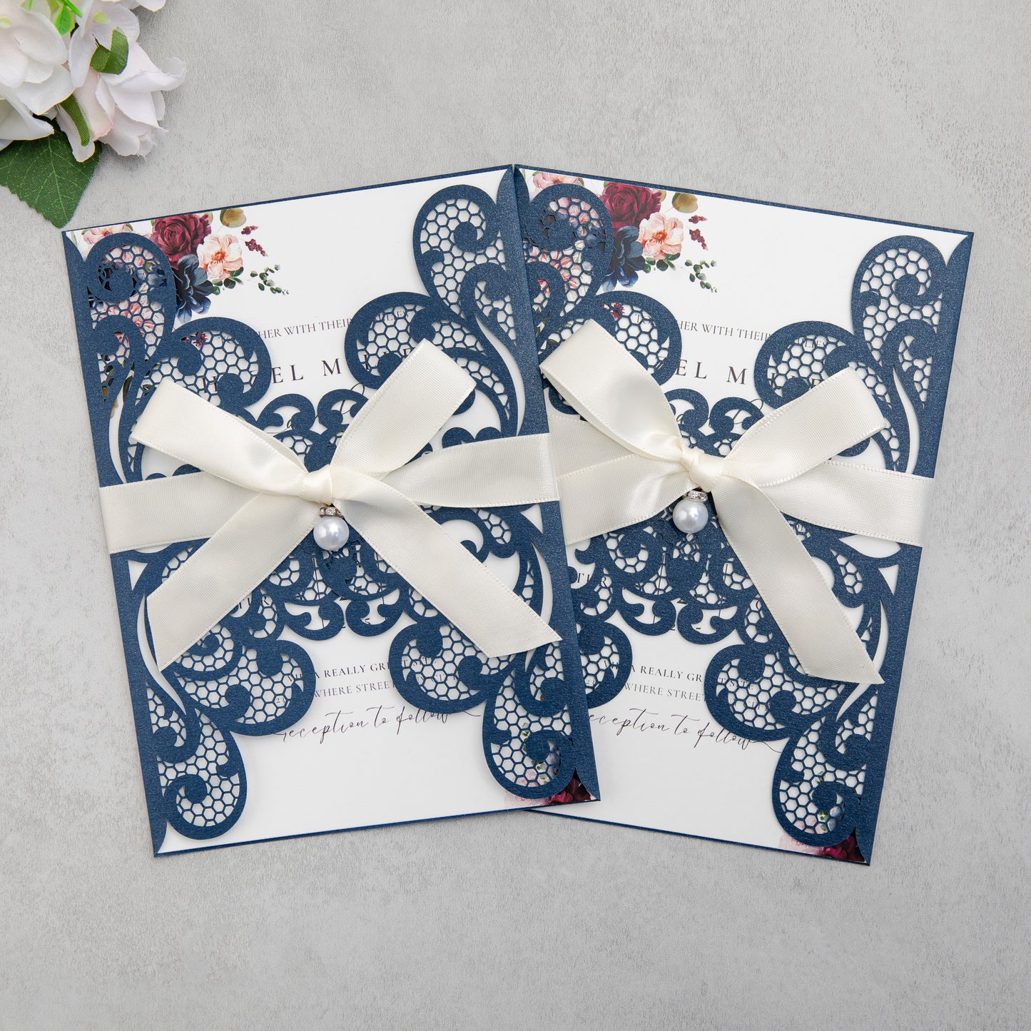 NingsPaper Navy Blue Laser Cut Invitation Cards with Ribbons and Rhinestone Pearls