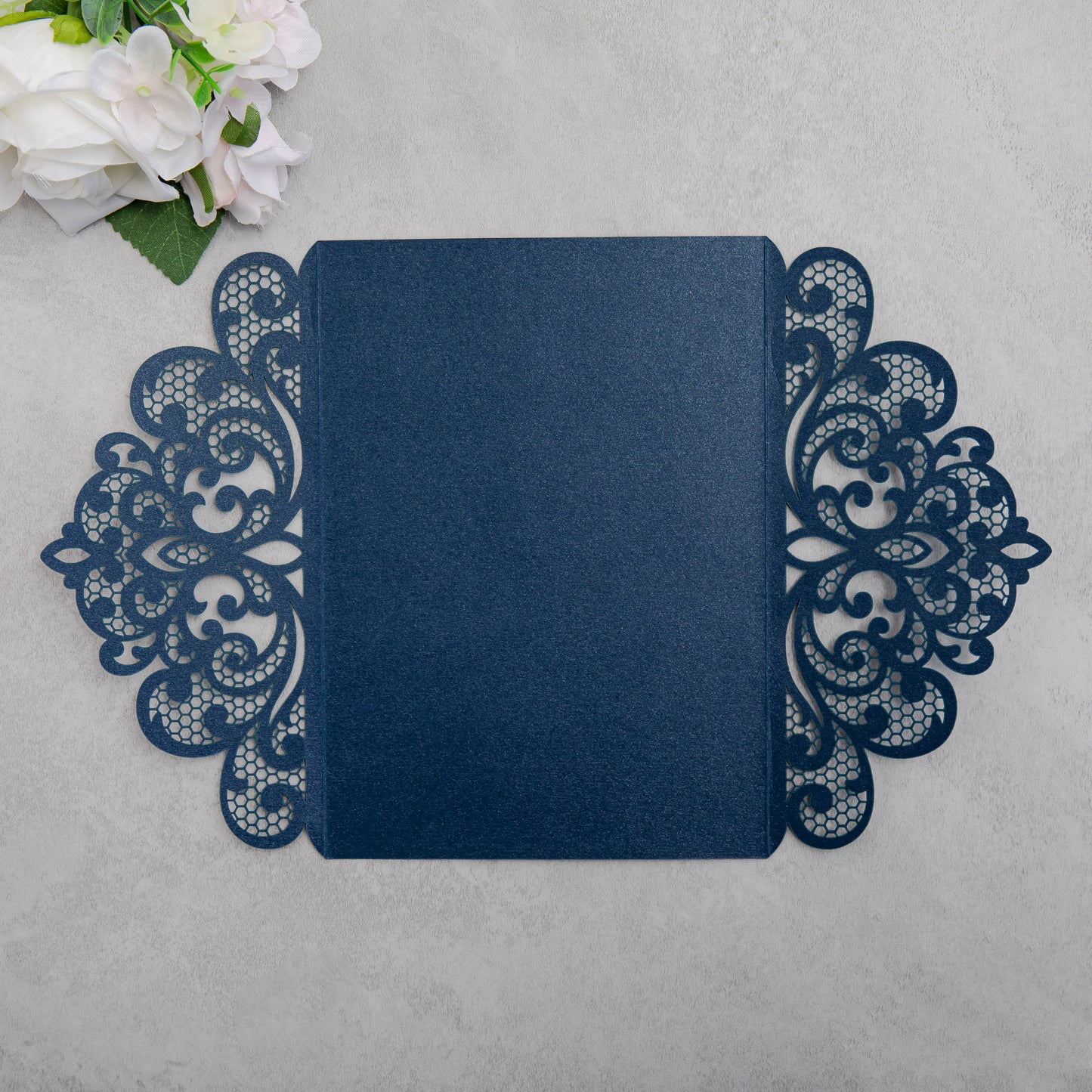 NingsPaper Navy Blue Laser Cut Invitation Cards with Ribbons and Rhinestone Pearls