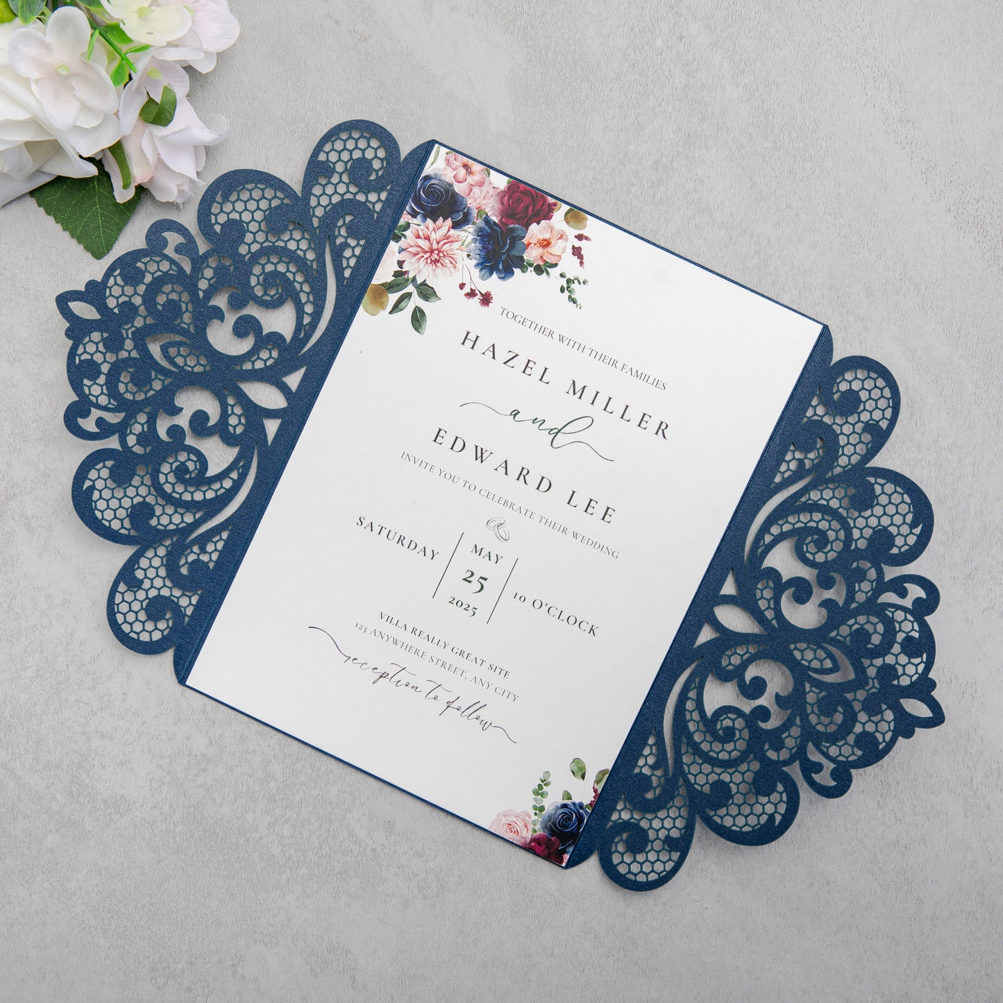 NingsPaper Navy Blue Laser Cut Invitation Cards with Ribbons and Rhinestone Pearls