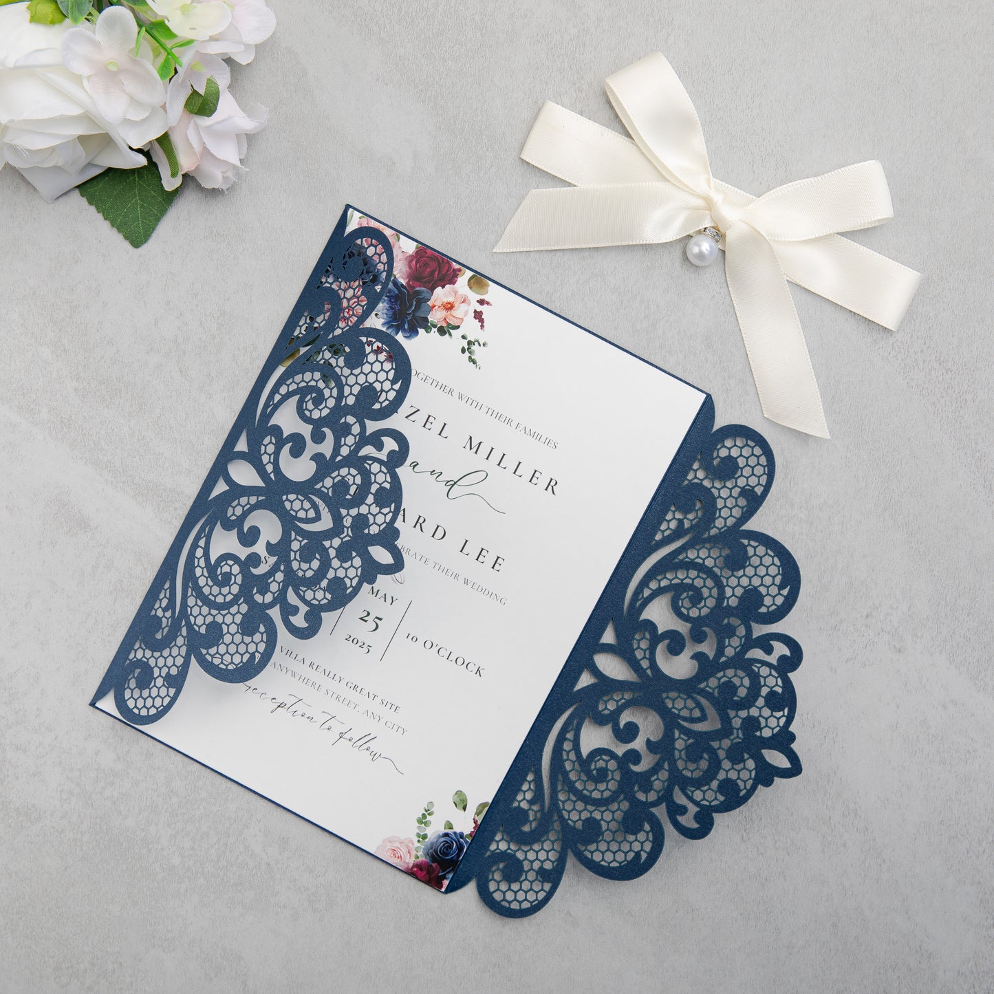 NingsPaper Navy Blue Laser Cut Invitation Cards with Ribbons and Rhinestone Pearls