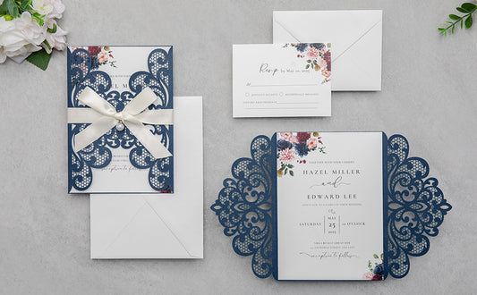 NingsPaper Navy Blue Laser Cut Invitation Cards with Ribbons and Rhinestone Pearls