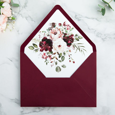 NingsPaper 50 Pieces Burgundy Floral Liner Euro Flap Envelopes for  Wedding Invitation Card