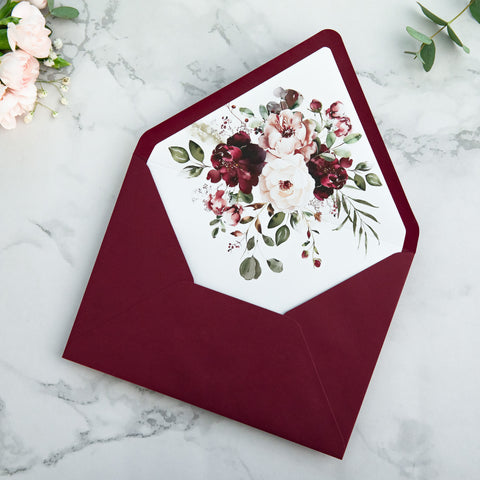 NingsPaper 50 Pieces Burgundy Floral Liner Euro Flap Envelopes for  Wedding Invitation Card
