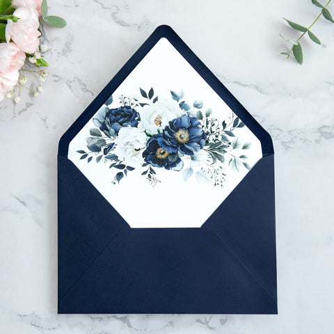 NingsPaper 50 Pieces Navy Blue Floral Liner Euro Flap Envelopes for  Wedding Invitation Card