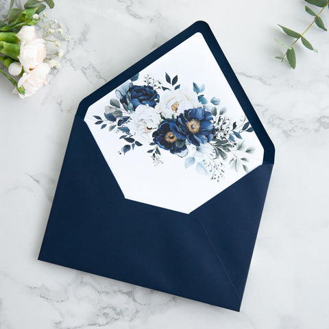NingsPaper 50 Pieces Navy Blue Floral Liner Euro Flap Envelopes for  Wedding Invitation Card