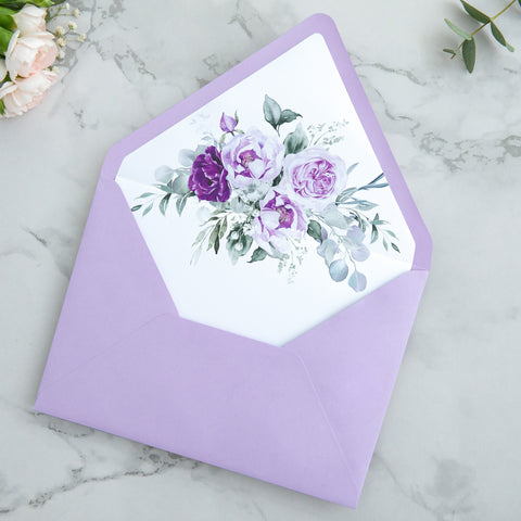 NingsPaper 50 Pieces Shiny Lilac Floral Liner Euro Flap Envelopes for  Wedding Invitation Card