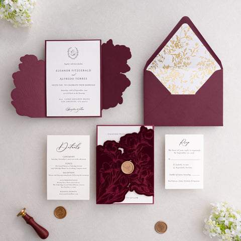 NingsPaper Burgundy Velvet Letterpress Pocket Wedding Invitation Suite