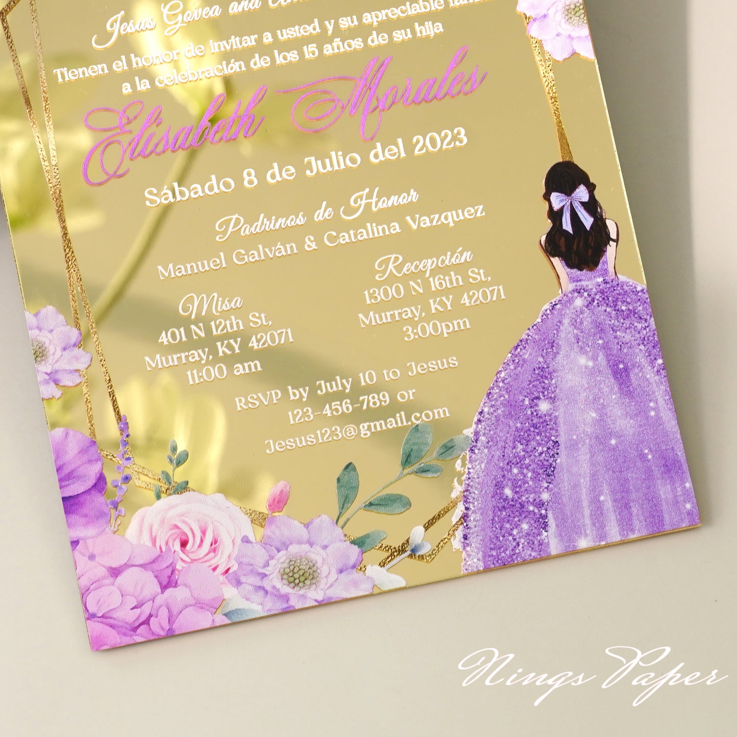 XV Años Invitations, Gold Mirror Quinceañera Invitation Cards with Envelope-Lilac-2mm/0.7"