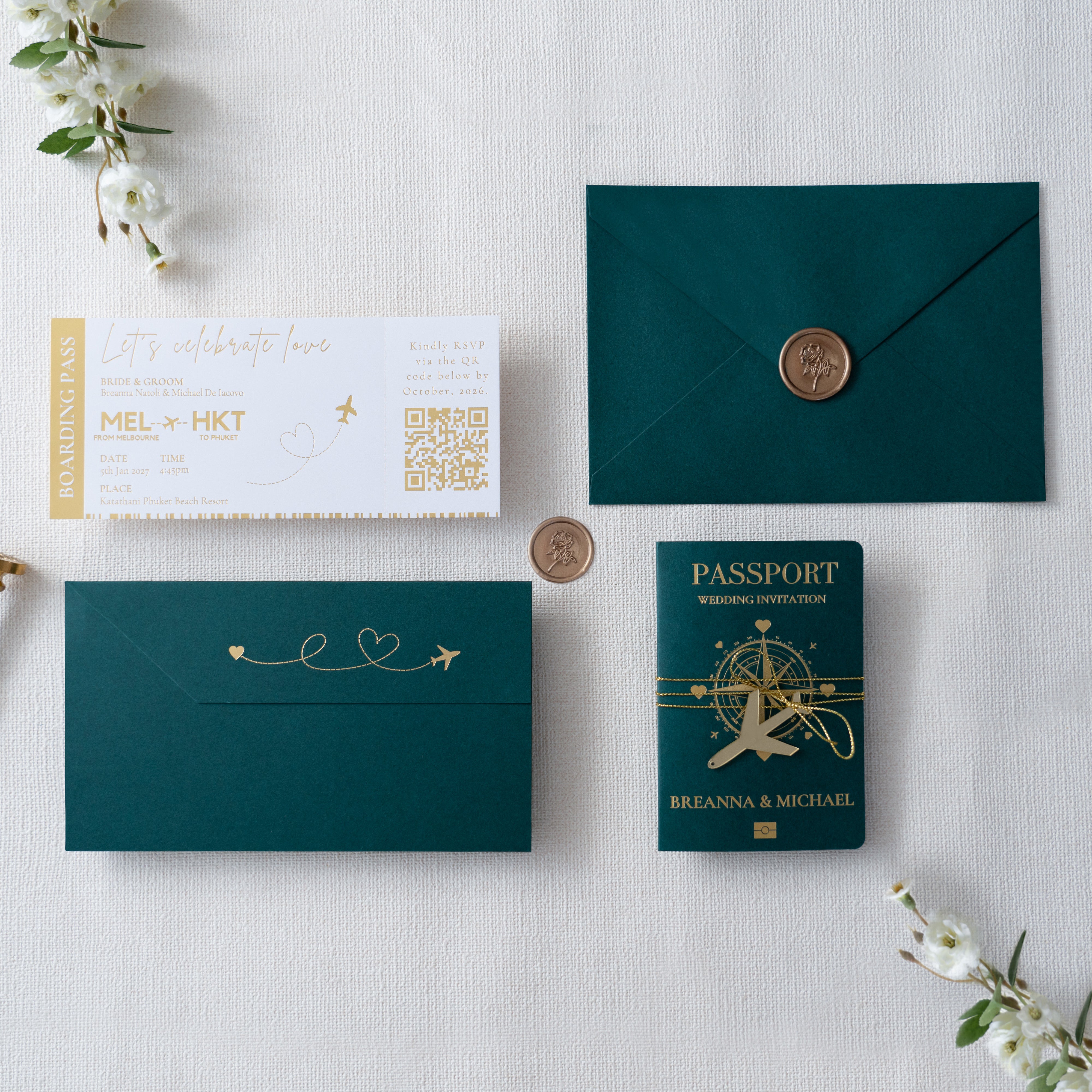 NingsPaper Emerald Green Wedding Passport Invite in Pocket & Mirror Ta