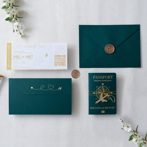 NingsPaper Emerald Green Wedding Passport Invite in Pocket & Mirror Tag Passport Invitation Suite