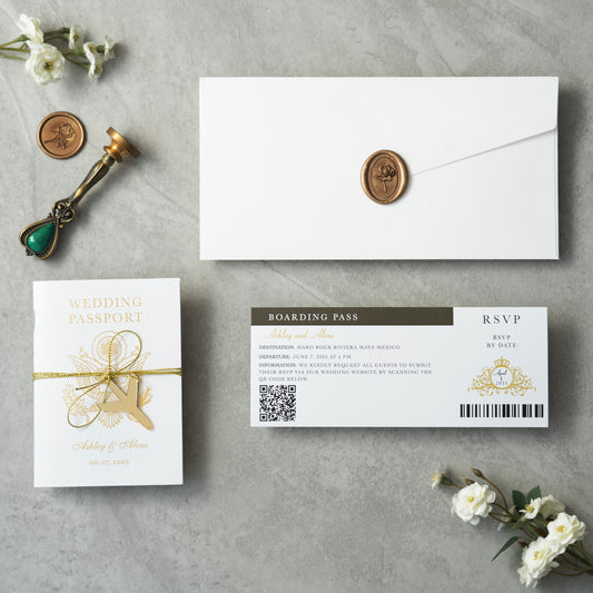 NingsPaper White Wedding Passport Invite in Pocket & Mirror Tag Passport Invitation Suite