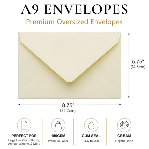 NingsPaper A9 Envelopes, 5.75 x 8.75'' Cream Wedding Mailing Envelopes