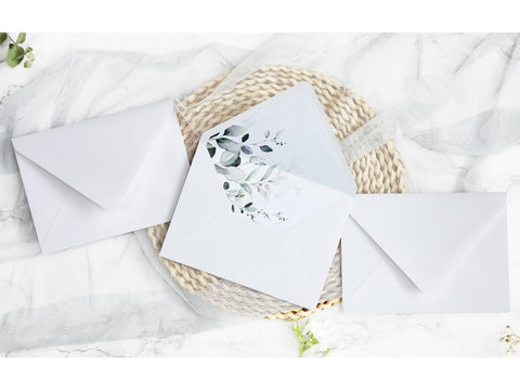 NingsPaper 50 Pieces  Sage Green Leaves Liner Euro Flap White Envelopes for  Wedding Invitation Card