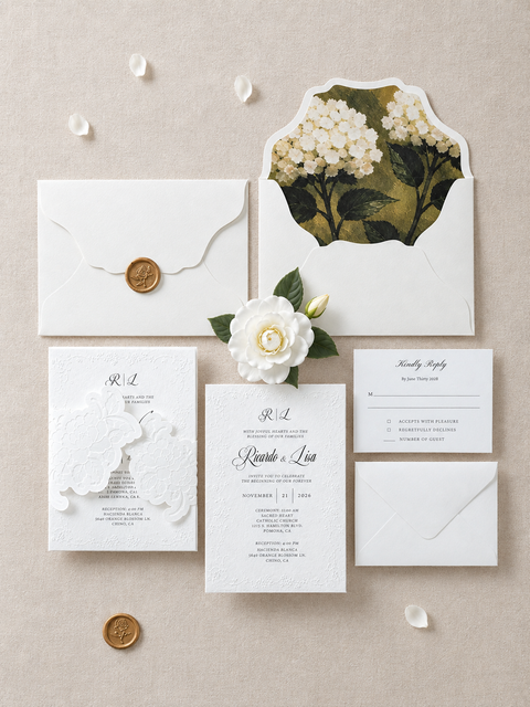 NingsPaper Ivory Shiny Letterpress Wedding Invitation Suites