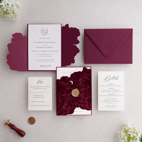 NingsPaper Burgundy Velvet Letterpress Pocket Wedding Invitation Suite