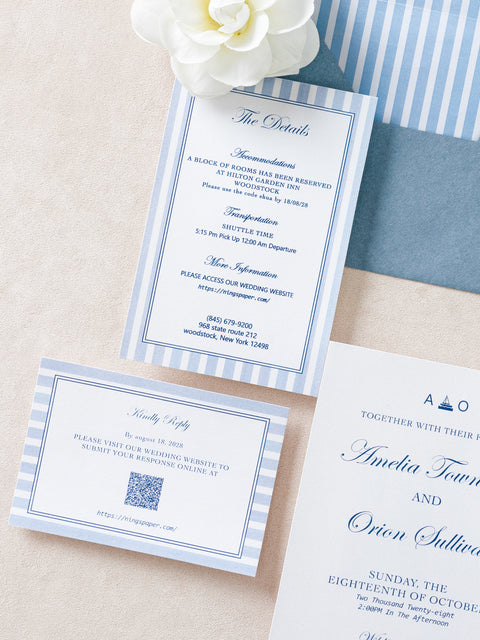 NingsPaper Dusty Blue Stripes Liner Wedding Invitation Suite