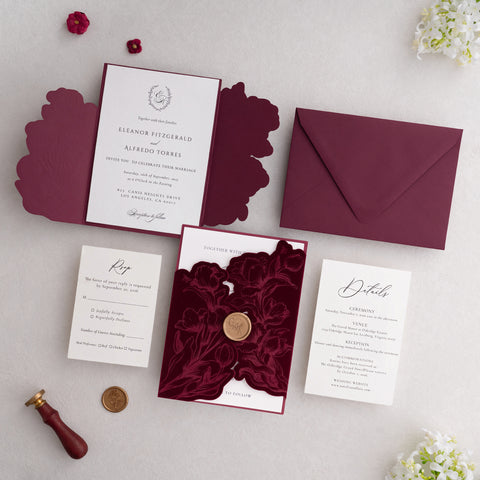 NingsPaper Burgundy Velvet Letterpress Pocket Wedding Invitation Suite