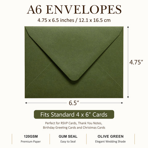 NingsPaper 50 Pieces Olive Green A6 Envelopes 4 x 6 Envelopes with Gold Stickers