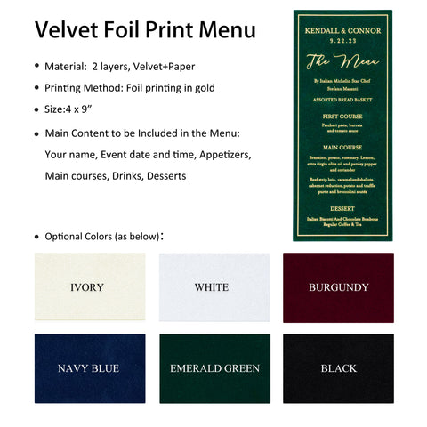 NingsPaper Emerald Green Velvet Foil Print in Gold Wedding Menu