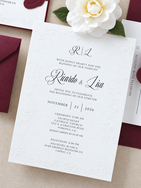 NingsPaper Burgundy Embossed Wedding Invitation Suite