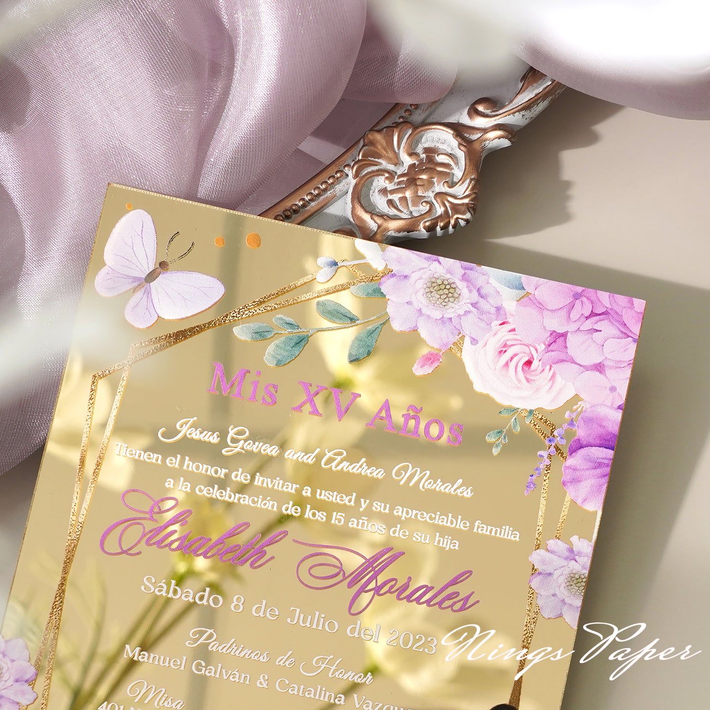 XV Años Invitations, Gold Mirror Quinceañera Invitation Cards with Envelope-Lilac-2mm/0.7"