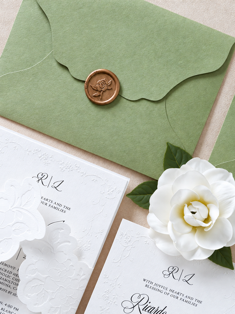 NingsPaper Sage Green Letterpress Wedding Invitation Suites