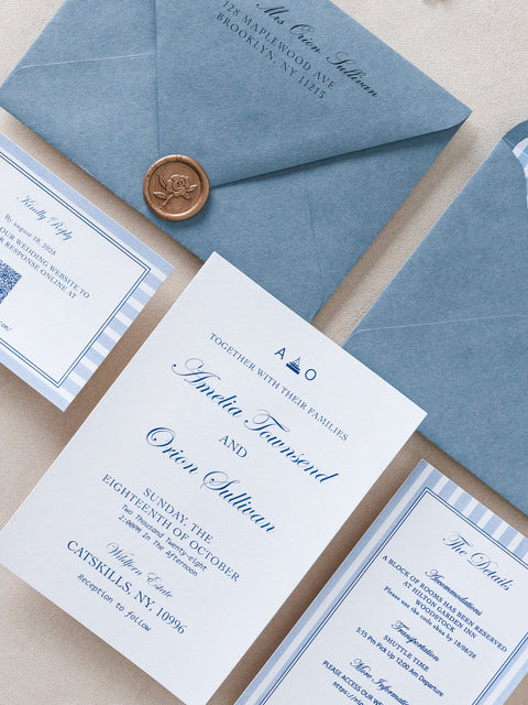 NingsPaper Dusty Blue Stripes Liner Wedding Invitation Suite