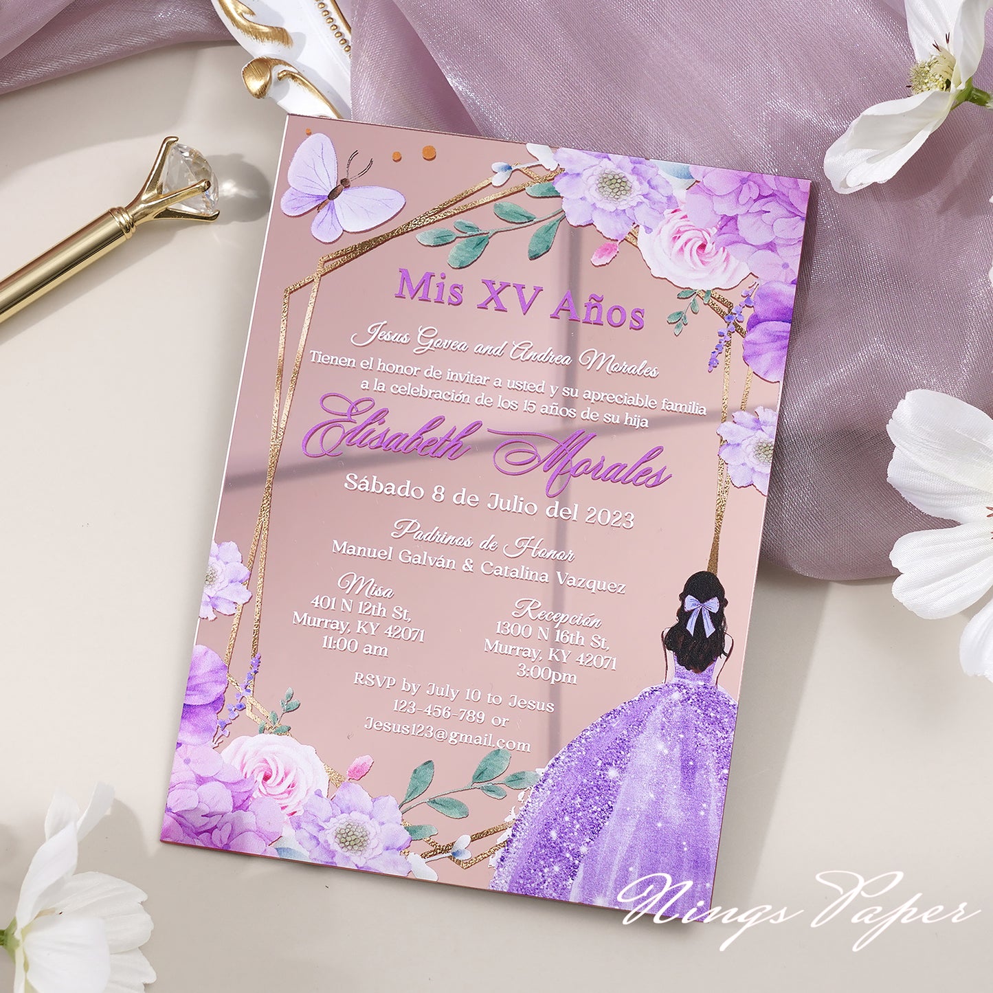 XV Años Invitations, Rose Gold Mirror Quinceañera Invitation Cards with Envelope-2mm/0.7"