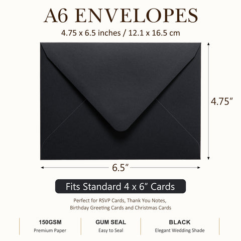 NingsPaper 50 Pieces Black A6 Envelopes 4 x 6 Envelopes with Gold Stickers