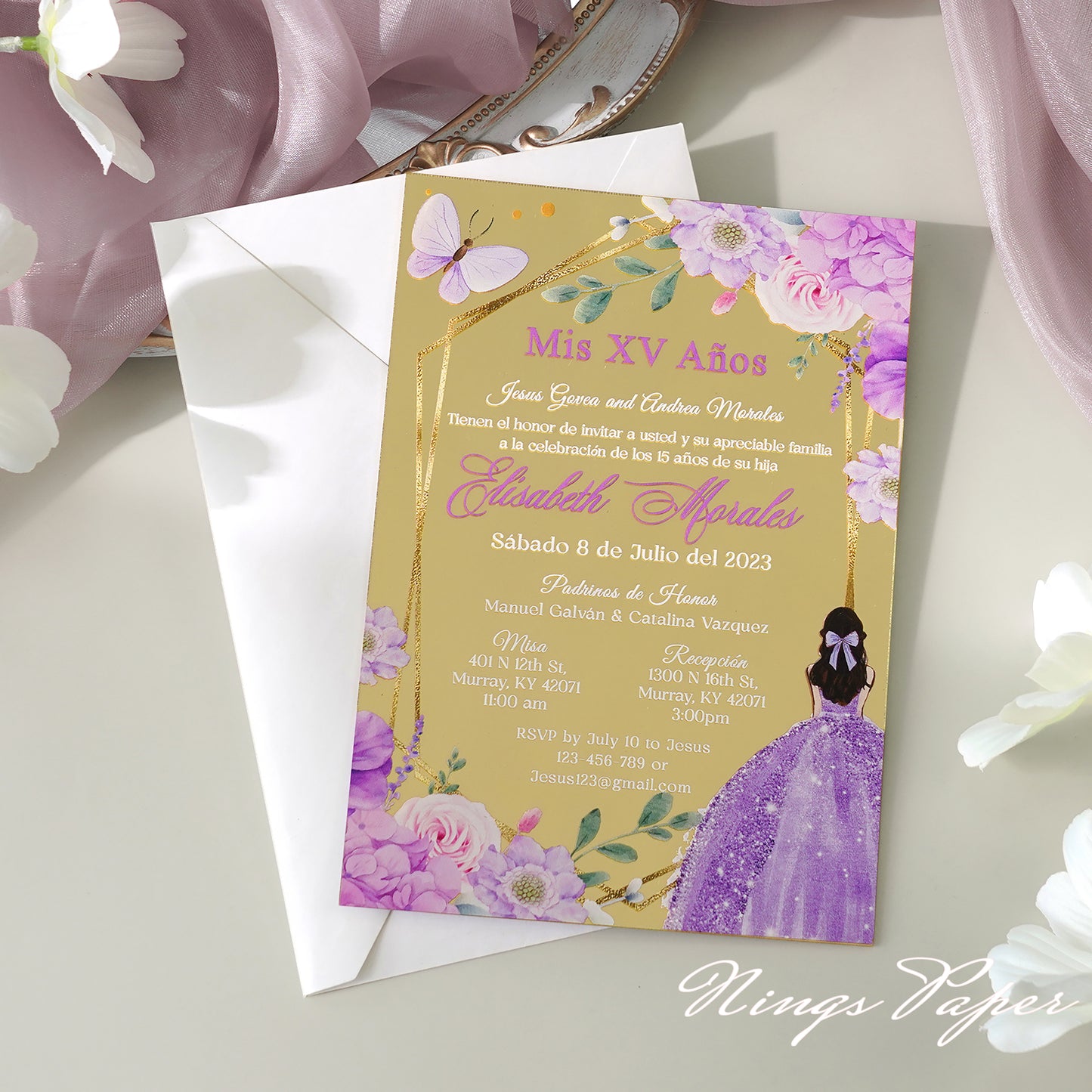 XV Años Invitations, Gold Mirror Quinceañera Invitation Cards with Envelope-Lilac-2mm/0.7"