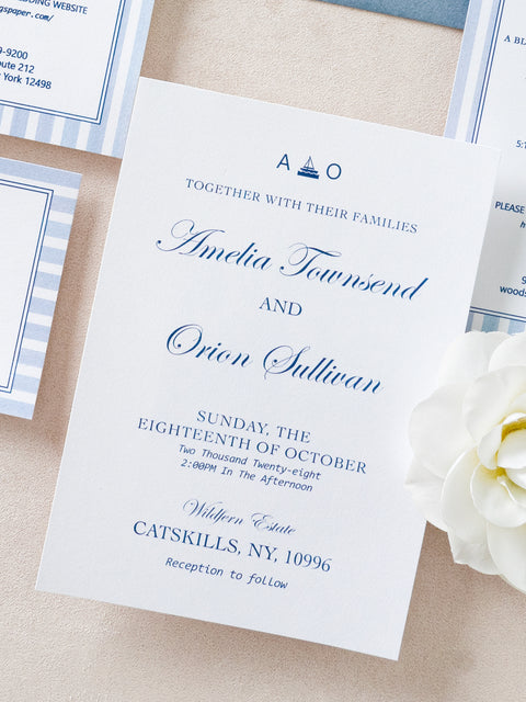 NingsPaper Dusty Blue Stripes Liner Wedding Invitation Suite