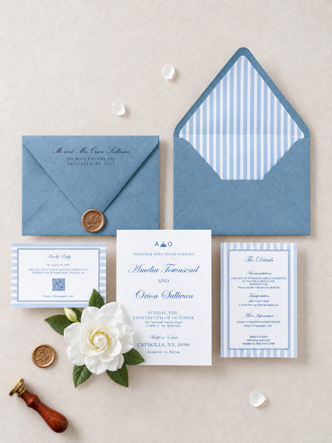 NingsPaper Dusty Blue Stripes Liner Wedding Invitation Suite