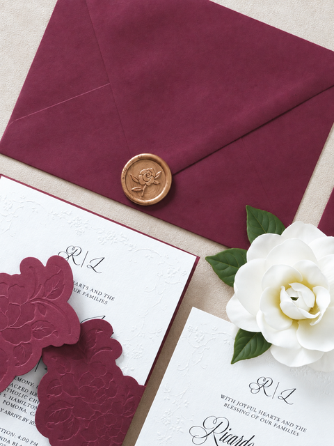 NingsPaper Burgundy Embossed Wedding Invitation Suite